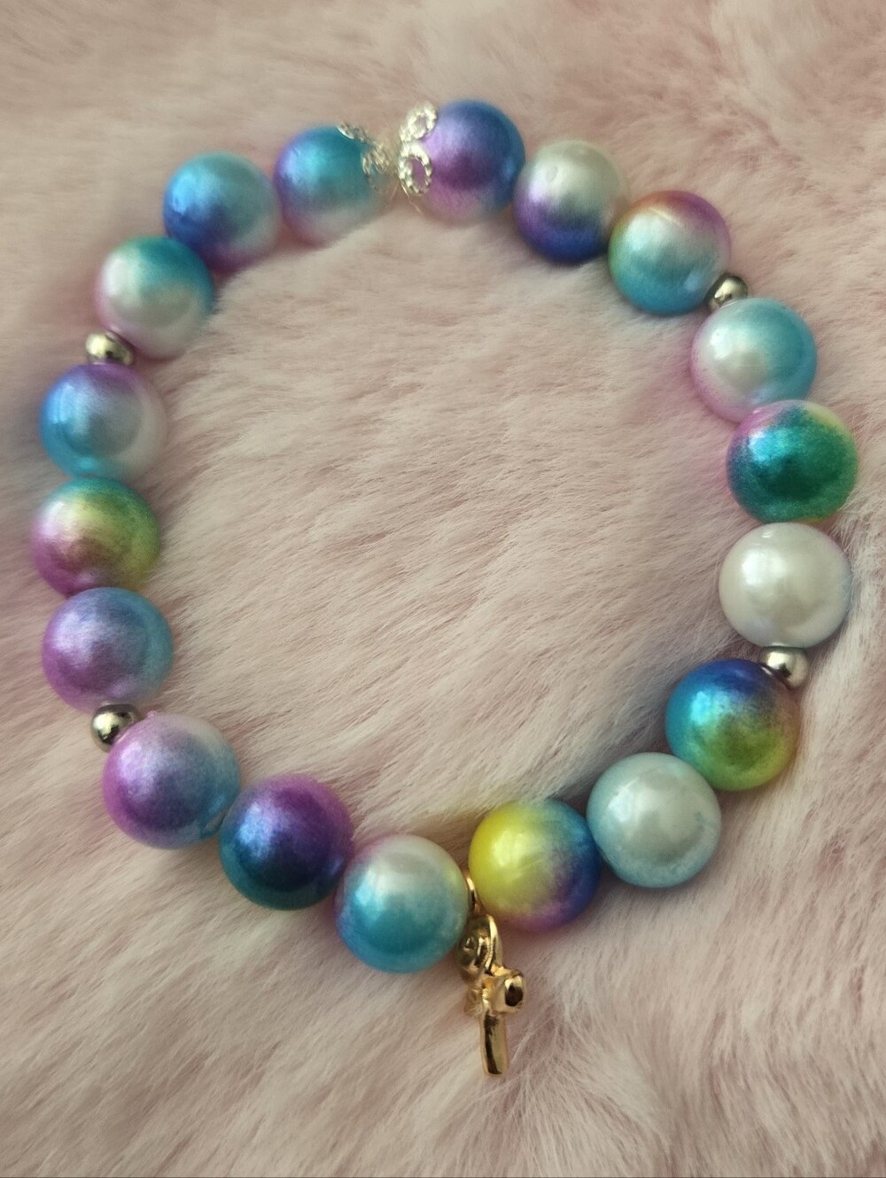 Multi-Color Pearl Beaded Stretch Bracelet with Gold ROSE Charm